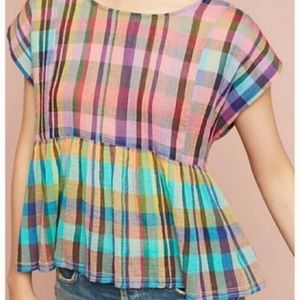 Anthropologie Plaid Flutter Peplum Top in Pink, Turquoise, Yellow, Purple